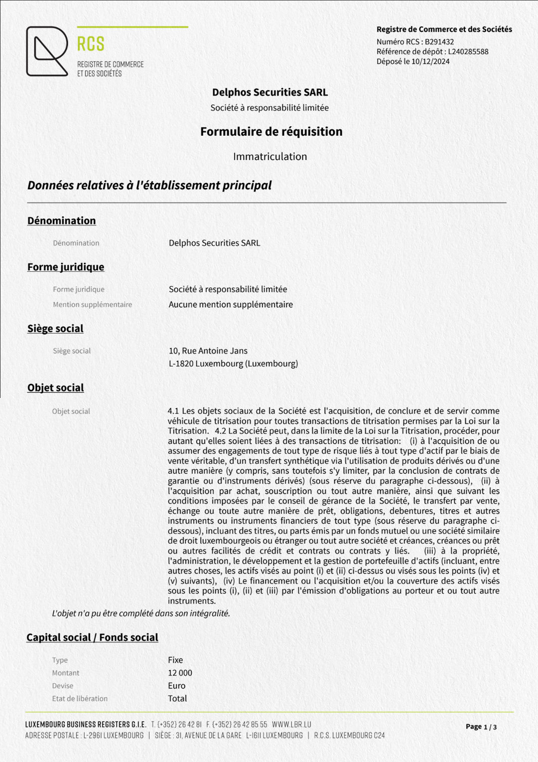 Delphos Securities SARL RCS Registration Form Delphos Securities SARL RCS Registration Form